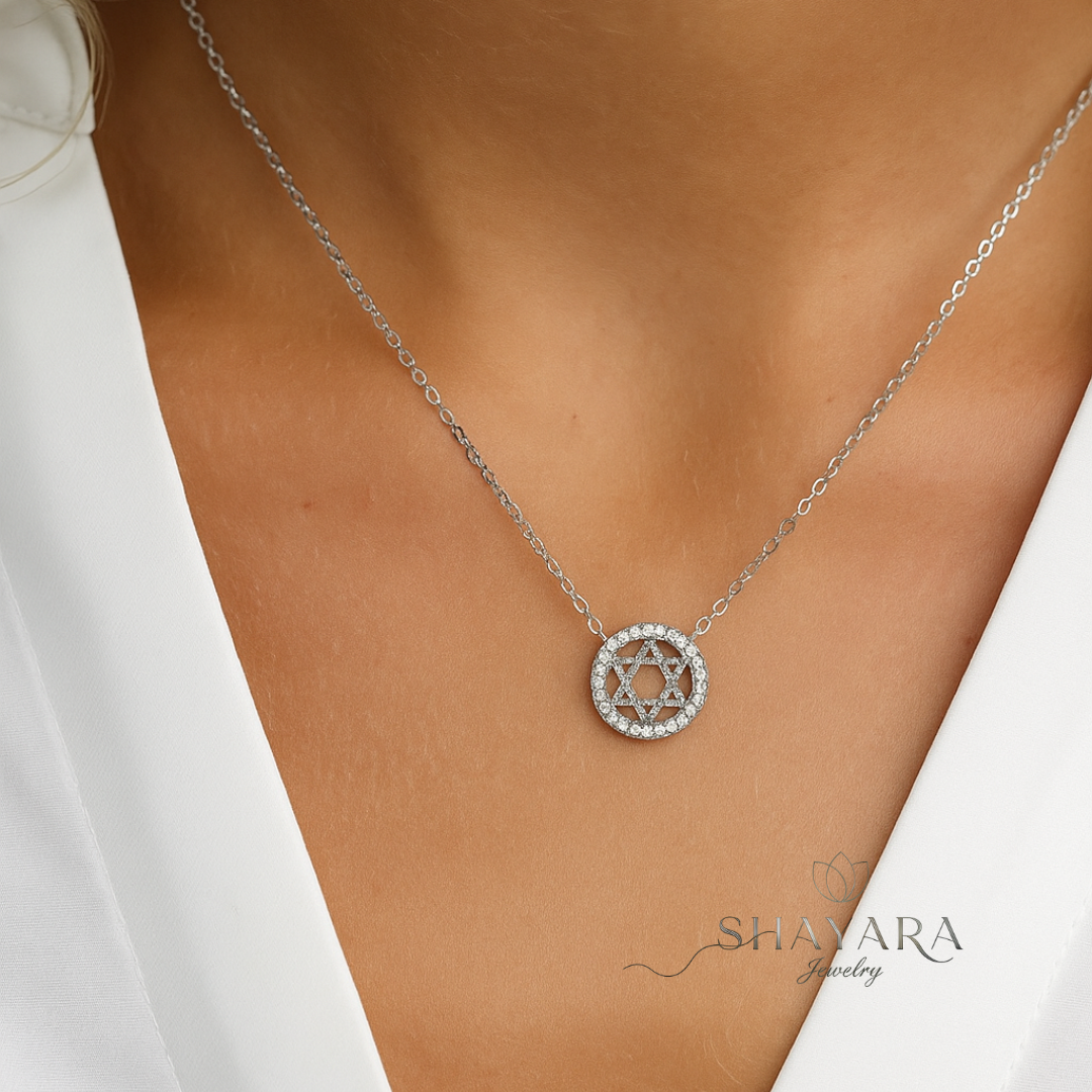 שרשרת כסף מגן דוד עגול משובץ