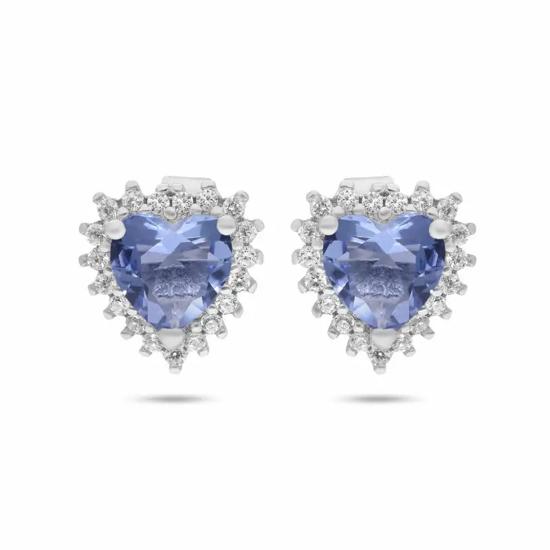 עגילי כסף 925 עם אבן מרכזית לבנה/כחולה בחיתוך לב